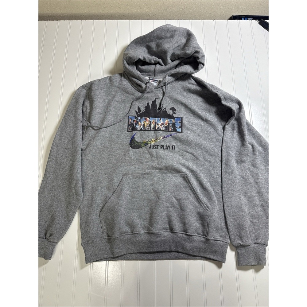 Fortnite Hoodie Sweatshirt Printed On Jerzees Brand Adult Med Gray Just Play It
